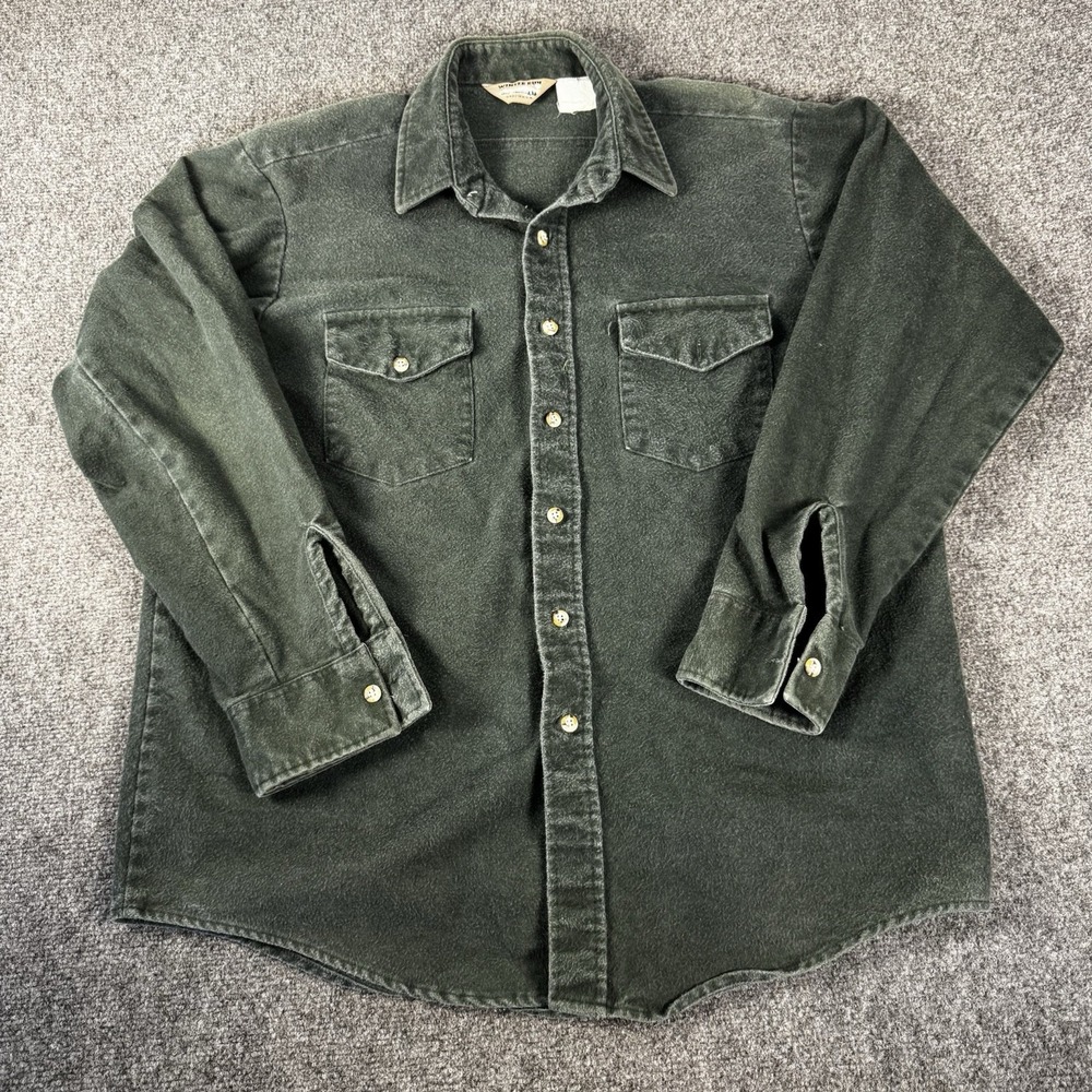 VTG Winter Run Flannel Shirt Mens L Green Chamois Cotton Heavyweight USA Made